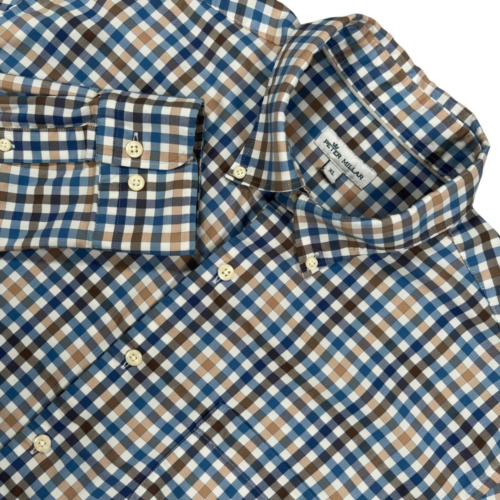 Peter Millar Crown Lite Performance Shirt Mens XL Blue Brown Check Button Down